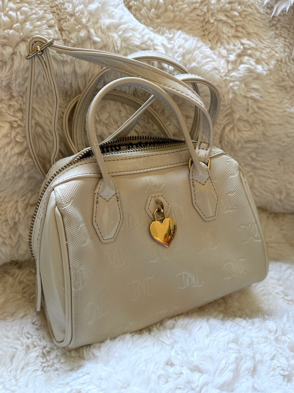 Juicy Couture Cream Embossed Gold Heart-Accent Satchel crossbody Bag MINI SPEEDY
